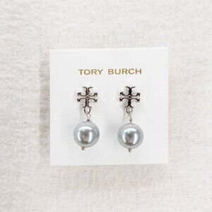 Tory Burch Faux Pearl Logo Drop Earrings Silver OS
